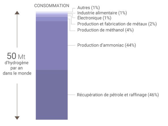 Production du dihydrogène dans le monde en 2015, dans "France: 100 millions d'euros pour le plan hydrogène" Connaissance Des 