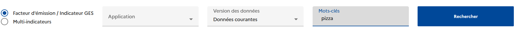 Moteur de recherche de Base Empreinte (ADEME) avec le mot-clef "pizza"
