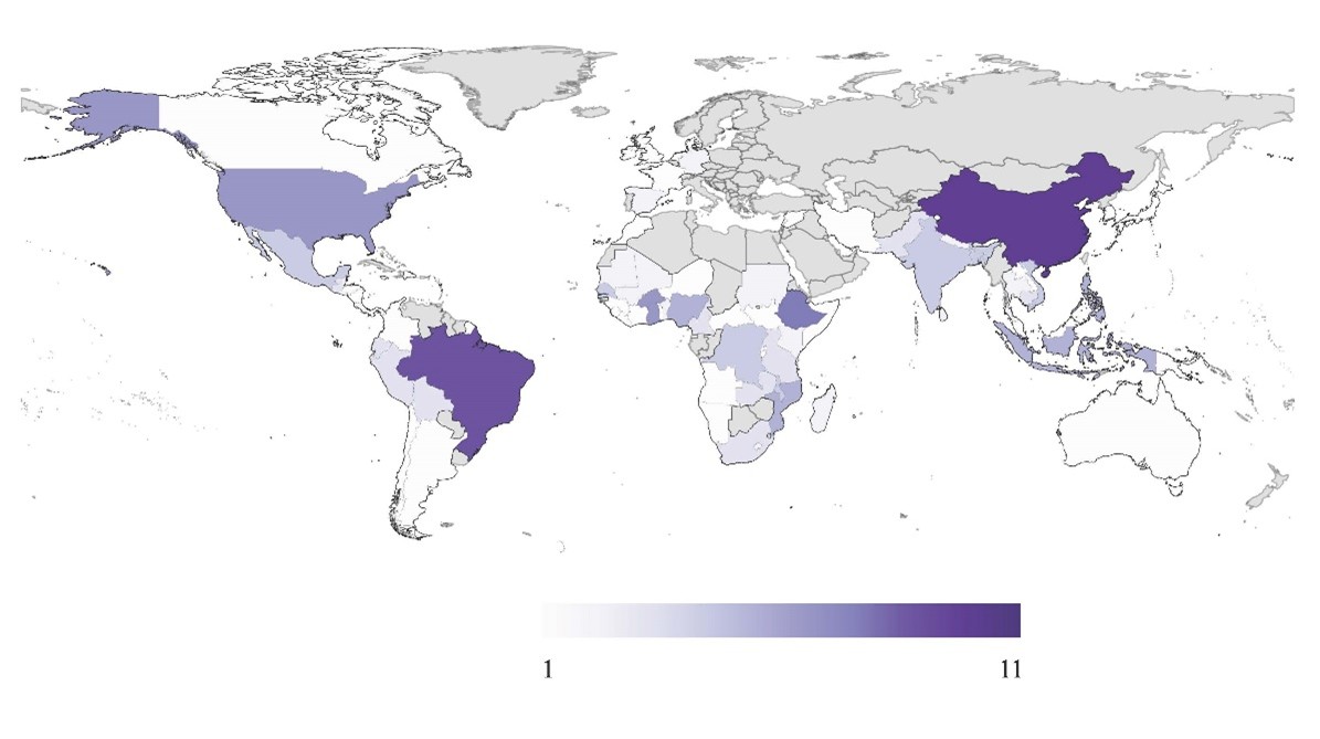 Nombre d’études du corpus (sur un total de 127 articles), par pays, dans lesquelles les résultats montrent un effet régressif